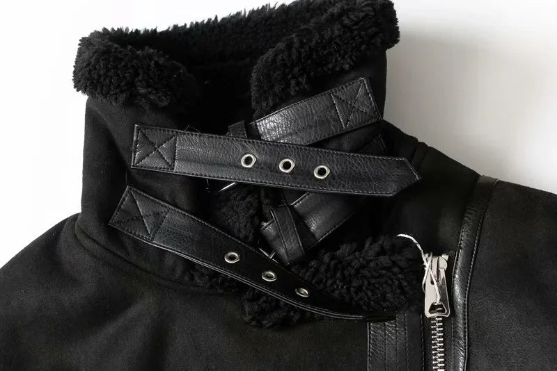 Winter Faux Shearling Sheepskin Fake Leather Jackets Lady Thick Warm Suede Lambs Motorcycle Brown Coats Mujer Chaqueta A407