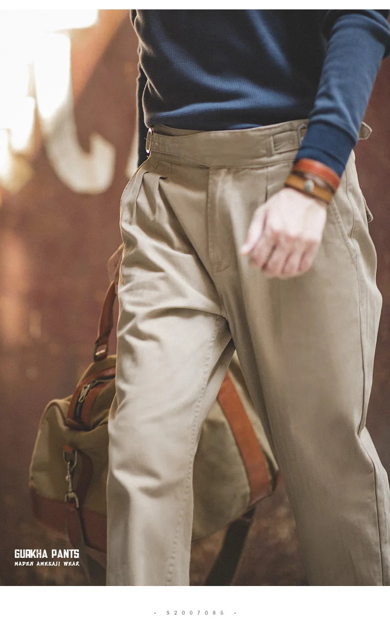 Maden Vintage Khaki Gurkha Pants Adjustable High Waist Casual Cargo Work Pants Classic Straight Trousers Men's Spring and Fall
