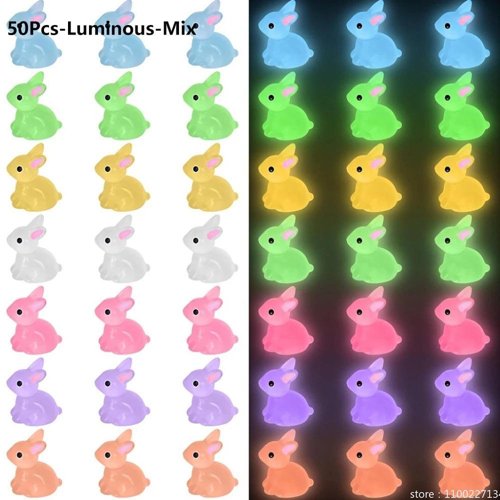 50Pcs Luminous Mini Resin Bunny Tiny Plastic Rabbits Glow in the Dark Miniature Bunnies Figurines for Fillers Fairy Garden