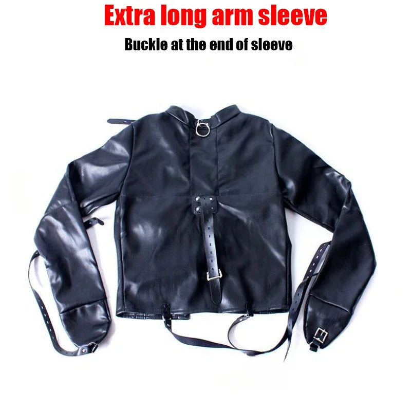 Leather SM Lingerie Straitjacket with Crotch Strap,Games Bondage Straight Jacket Harness,Slave Role Gimp Costumes BDSM Sextoys