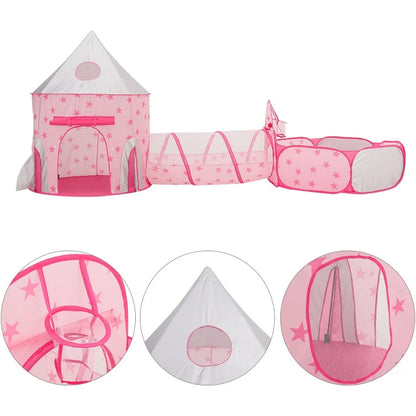 Pink Kids Tent with Tunnel & Ball Pit, Princess Play Tent for Girls, Indoor Outdoor Baby Ball Pit Playhouse with Basketball Hoop