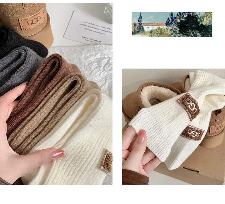 1/3Pairs Winter Thick Warm Padded Socks Solid Color Mid Calf Socks Women’s Casual Embroidered Logo Pile Socks Cold Weather Wear
