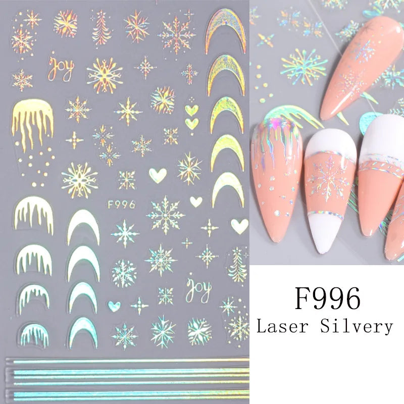 1PCS New Christmas Decorations 2023 New Year Nail Stickers Press on Nails Laser Snowflake Christmas Tree 3D Nail Decal