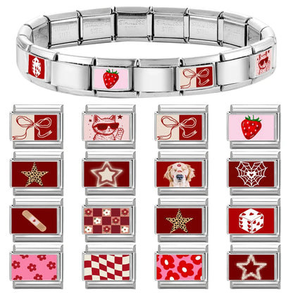 Y2K Red Pink Heart Dog Cat Flowers Italian Charm Link Fit 9mm Stainless Steel Jewelry DIY Making Bracelets For Gifts