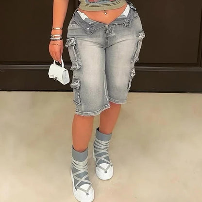 FAGADOER Fashion Straight Washed Denim Woman Solid Color Cargo Pants Patchwork Jeans Trousers Female Y2k Streetwear Bottoms New