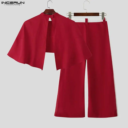 INCERUN Men Sets Patchwork Turtleneck Irregular Crop Shirt Cloak & Wide Leg Pants 2PCS Streetwear Loose Fashion Casual Men Suits
