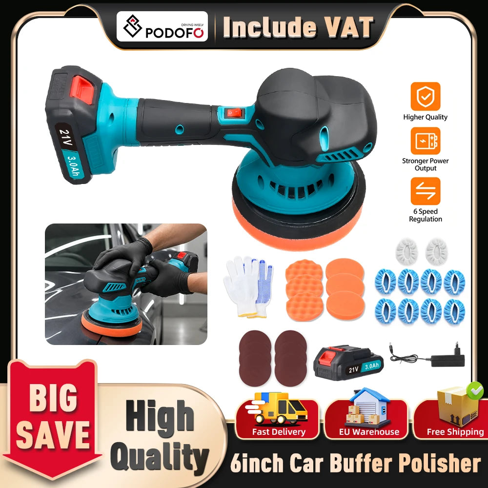 Podofo Car Polisher Waxing Machine 6 Adjustable Speeds with 2*21V Batteries Electric Rechargable Waxing Polishing Tool for Car
