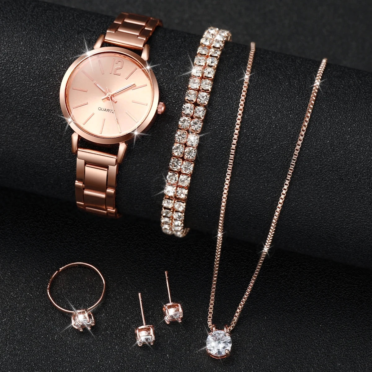 6PCS/Set Fashion Women's Quartz Watch Stainless Steel Band Wrist Watches Diamond Jewelry Set(Without Box)