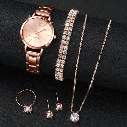 6PCS/Set Fashion Women's Quartz Watch Stainless Steel Band Wrist Watches Diamond Jewelry Set(Without Box)