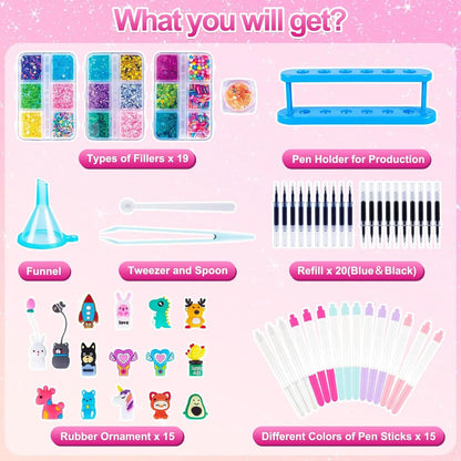 DIY Glitter Pen Making Kit Kids Craft Supplies 80+ Pieces Handmade Art Set Make 16 Pens Cartoon Decor Birthday Gift for Girls Bo