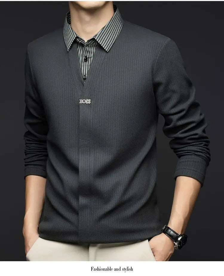 Autumn Winter Fake Two Sweaters Knitted Business Fashion Turn-down Collar Thermal Long Sleeve Men Patchwork All-match Pullover