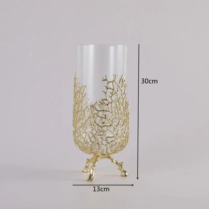 Gold Hollow Coral Vase Transparent Glass Vase Ornament Metal Rack Living Room Hydroponic Flower Arrangement Home Decoration