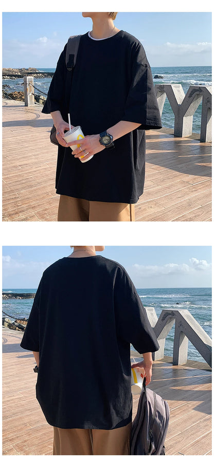 Oversized Summer Short Sleeve Men's T Shirt New Fashion Solid Loose O-Neck T Shirts Mens Cotton Hip Hop Streetwear Top Tees 5XL