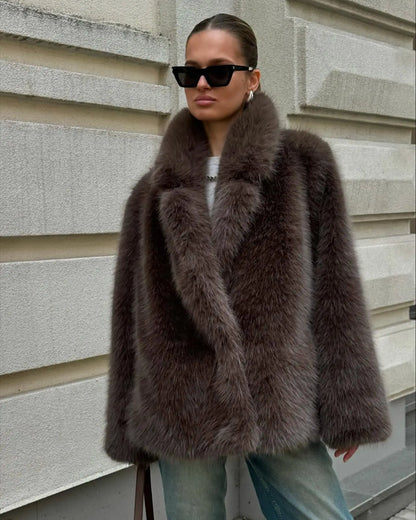 Faux Fox Fur Coats Women Solid Mid Length Jackets Lapel Collar Long Sleeve Furry Outerwear Thick Loose Casual 2025 Autumn Winter