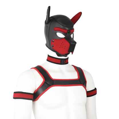Large Size Puppy Cosplay Neoprene Fetish Hood Mask Kit with Chest Strap Collar Armband Sex Costumes for Bdsm Slave Role Play