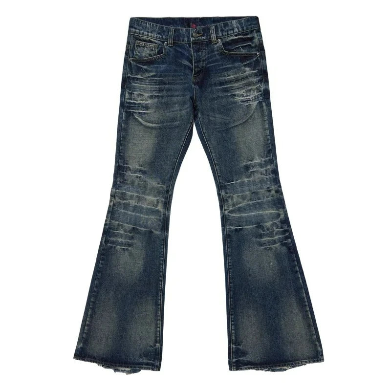 Y2K Vintage Flared Jeans Mid Blue Washed Men Women Bootcut Jeans American Hip Hop Distressed Streetwear Unisex Wide Leg Pants
