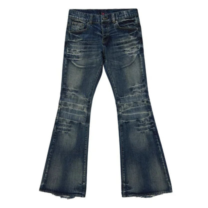 Y2K Vintage Flared Jeans Mid Blue Washed Men Women Bootcut Jeans American Hip Hop Distressed Streetwear Unisex Wide Leg Pants