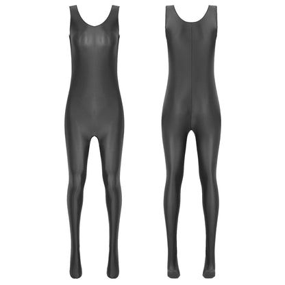 Women's Sleeveless Full Body Bodysuit Glossy Jumpsuit Gymnastics Fitness Swimming Leotard Pole Dance Costume Clubwear Lingerie
