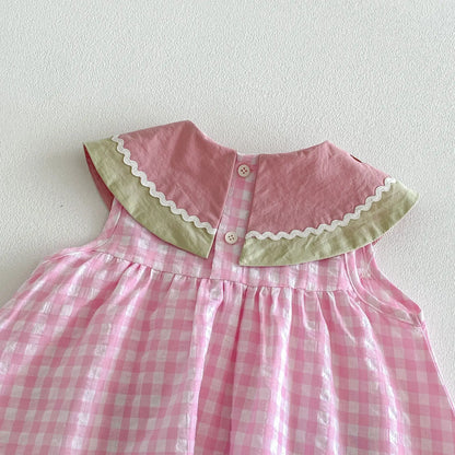 2026 Summer Childrens Clothes Watermelon Collar Baby Bodysuit with Patch Pockets Pink-white Check Girls Dress