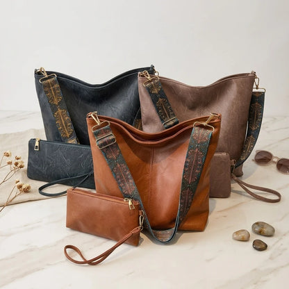 2-Piece Large Capacity Bohemian Wide Strap Soft PU Tote Bag, Shoulder & Handheld Bag, Ideal Birthday Gift