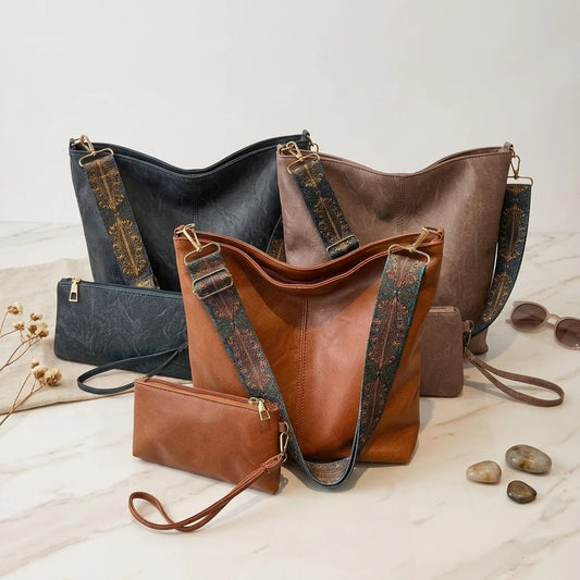 2-Piece Large Capacity Bohemian Wide Strap Soft PU Tote Bag, Shoulder & Handheld Bag, Ideal Birthday Gift