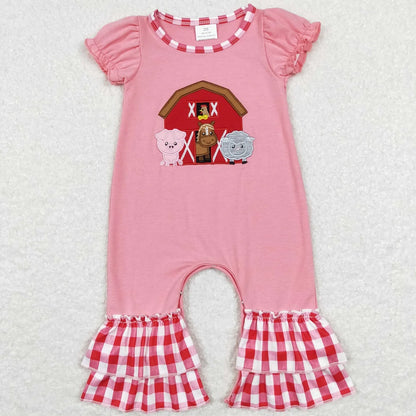 Wholesale Baby Girl Newborn Birthday Balloons Romper Bubble Embroidery Pink Plaid Bows Jumpsuit Kids Toddler Summer Clothes