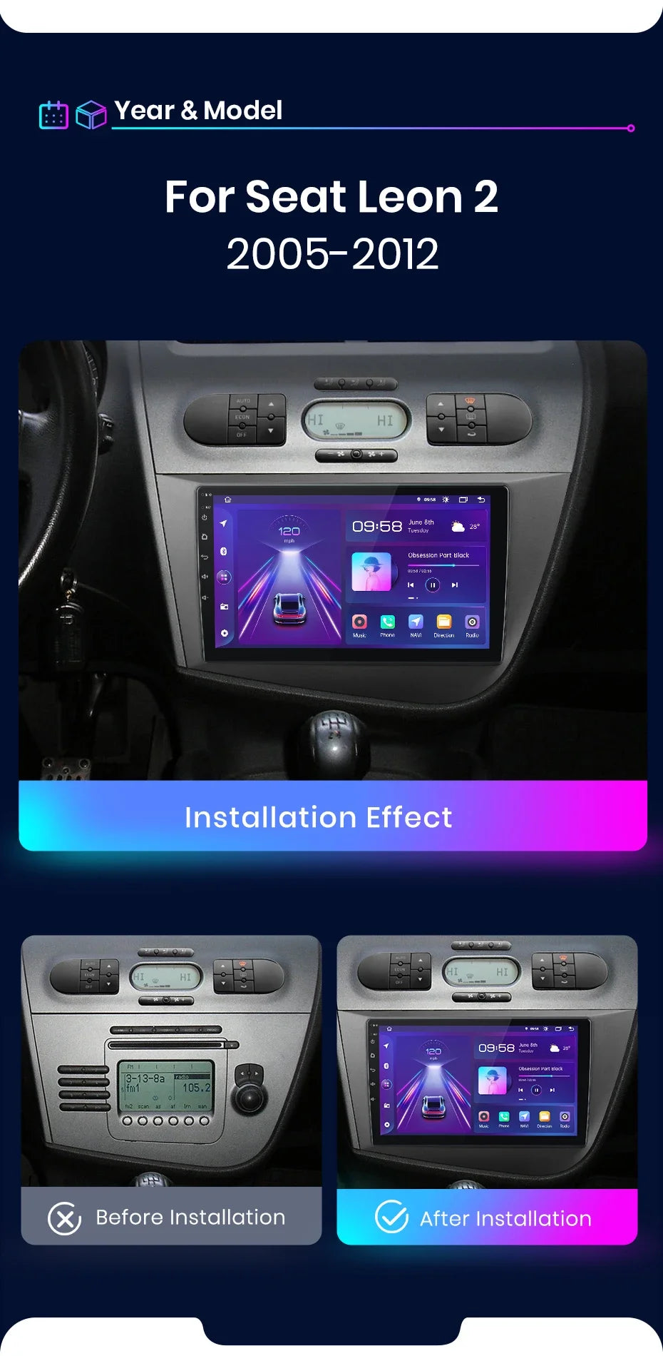 Junsun Wireless CarPlay Android Auto Car Radio for Seat Leon MK2 2005 2006 2007 2008 -2012 2 DIN Multimedia Stereo with Built-in Cooling Fan GPS Navigation SWC Bluetooth FM RDS DSP IPS Screen Car Intelligent Systems 4G WiFi 8