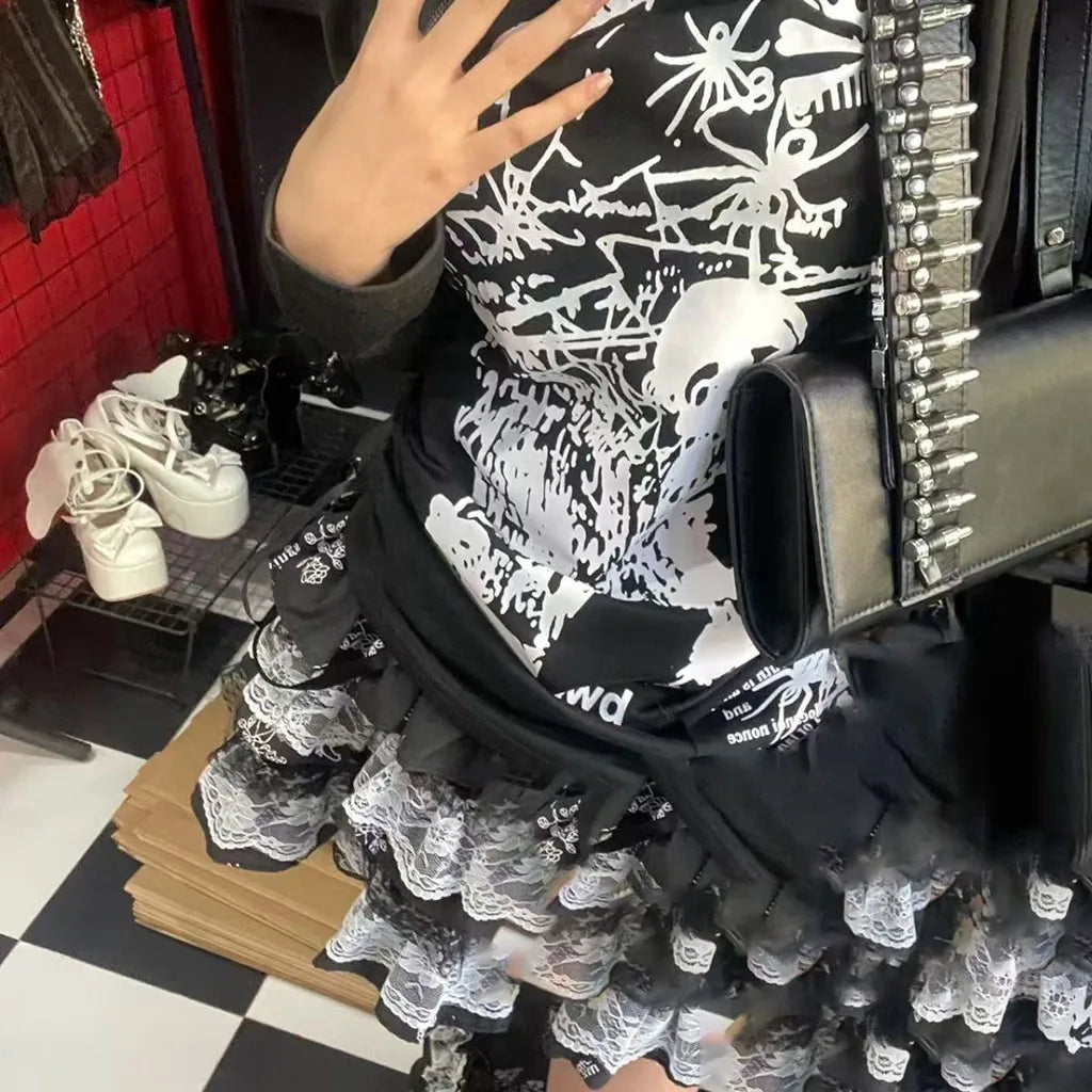 Y2K Punk Gothic Lace Tiered Skirt Women High Waist Ruffle Mini Skirt Harajuku Streetwear Alternative Fashion Short Skirt