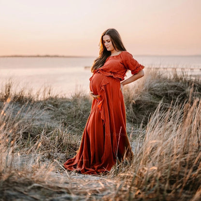 Bohemian Pregnancy Dress Side Split Ruffle Edge Vintage Comfortable Linen Dress Comfortable Linen Boho Style Baby Shower Dress