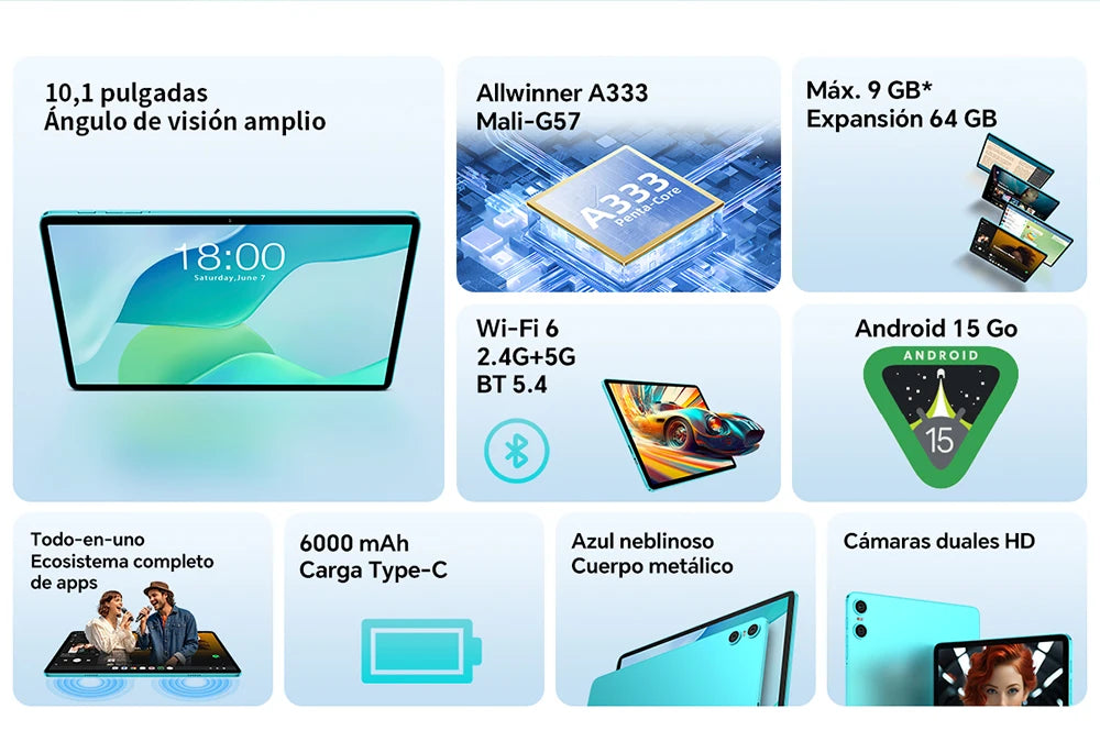 Teclast P33 Android 15 Tablet, 10.1 Inch IPS, Allwinner A333, 9GB(3GB+6GB) RAM 64GB ROM (Expandable 1TB), WiFi 6, 6000mAh, 5MP Camera, Metal Body, Tablet PC