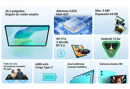Teclast P33 Android 15 Tablet, 10.1 Inch IPS, Allwinner A333, 9GB(3GB+6GB) RAM 64GB ROM (Expandable 1TB), WiFi 6, 6000mAh, 5MP Camera, Metal Body, Tablet PC