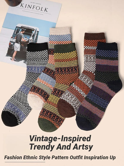 5 Pairs Winter Men's Socks Thicken Sheep's Wool Socks Warm Men Retro Style Colorful Fashion Man Socks For Snow boots