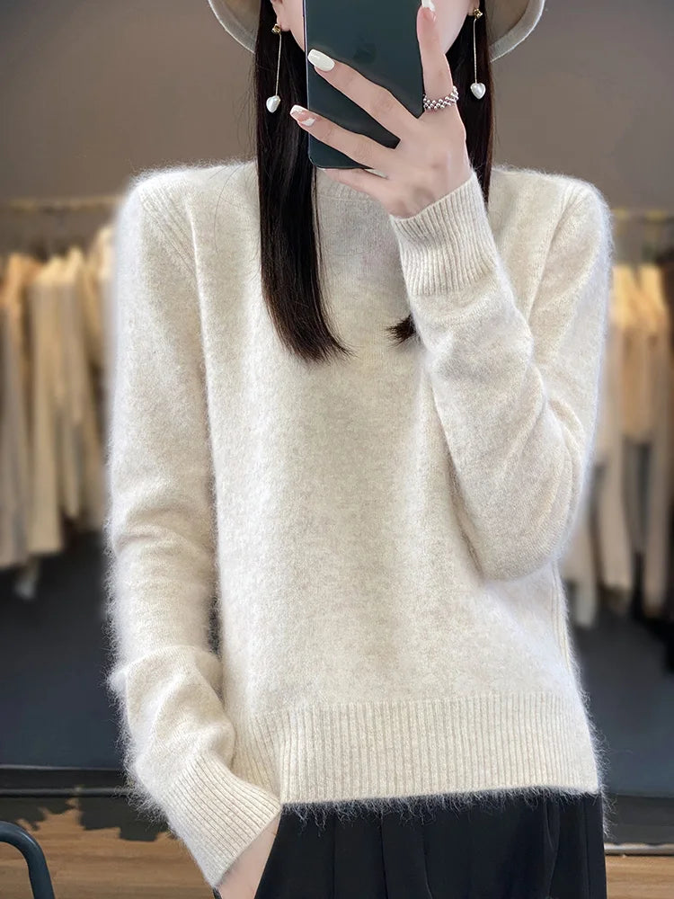 100% Mink Cashmere Sweater Women's Half High Collar Pullover Long Sleeve Cashmere Knitwear Fashion Autumn Winter Female Clothing