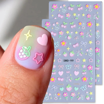 2pcs Sweet Element Nail Art Stickers Simple Flower Heart Cherry Strawberry Kawaii Decals Colorful Bow Butterfly Manicure Sliders