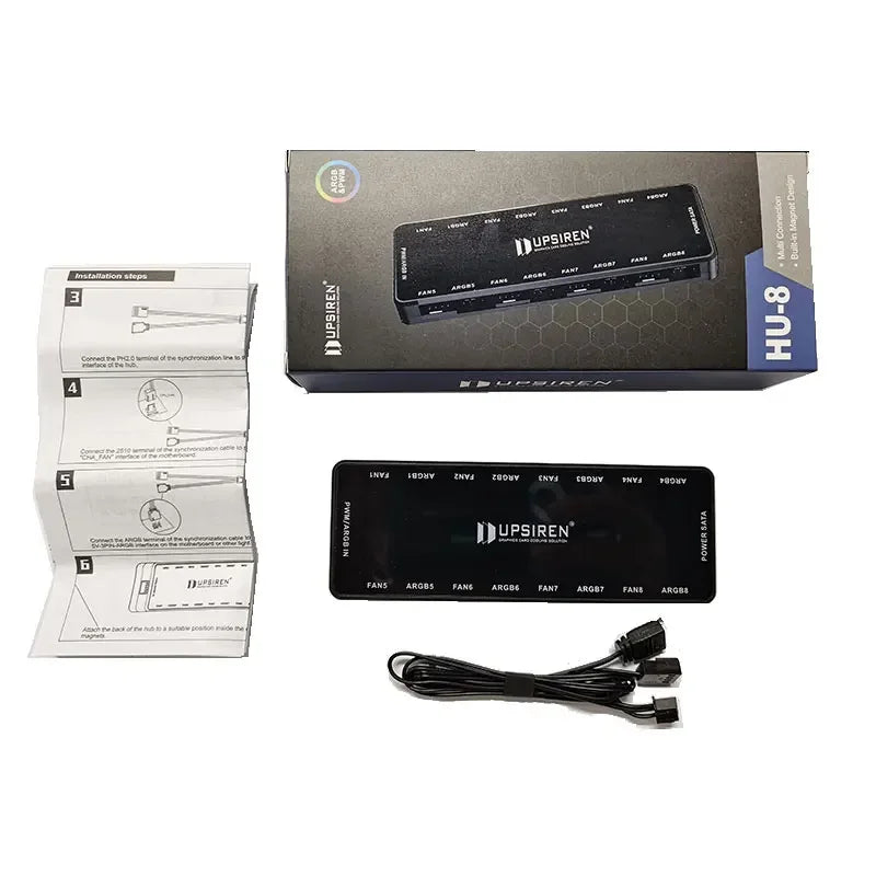 UPSIREN HU-8 Chassis Fan Hub，8 Sets of ARGB and PWM Interfaces,Bottom magnetic design，Support motherboard synchronization
