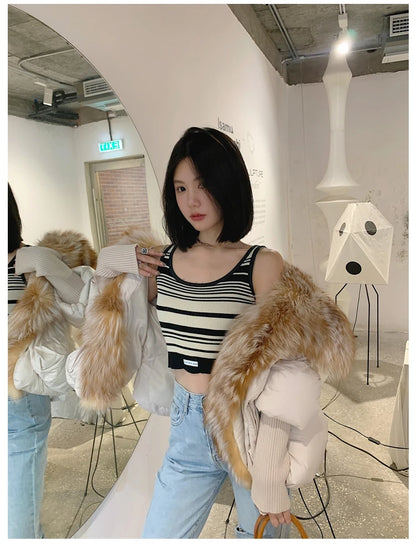Oversized Winter Warm Real Fox Fur Collar Black Down Coat Women Puffer Outerwear Jackets 2024 Autumn Winter
