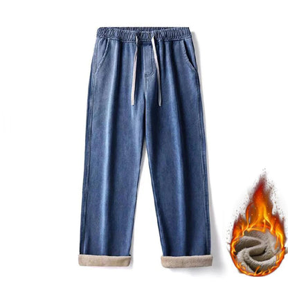 Men's Winter Fleece Loose Jeans Velvet Warm Elastic Waist Wide Leg Y2K Denim Pants Straight Comfortable Brand Men's Clothing