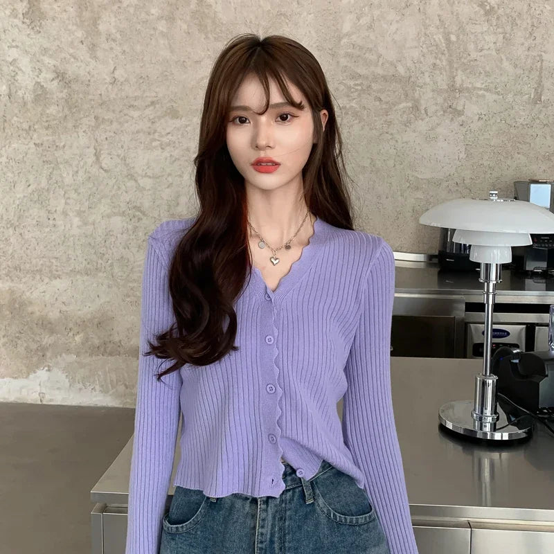 Women Ribbed Crew Neck Cardigan Sweater Pastel Pink Purple Long Sleeve Fitted Crop Knitted Jacket Spring Fall