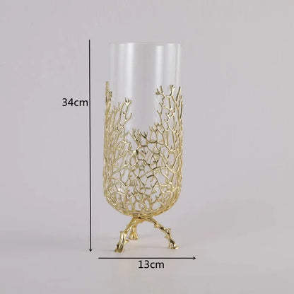 Gold Hollow Coral Vase Transparent Glass Vase Ornament Metal Rack Living Room Hydroponic Flower Arrangement Home Decoration