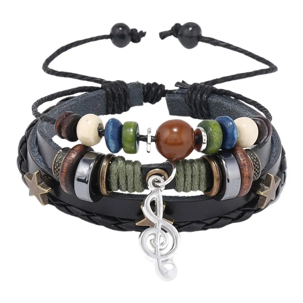 High-end Men And Women Beads Leather Bracelet Vintage Bracelet Bracele Bracelet Star Note Bracelet Musical Adjustable Multi F9J3