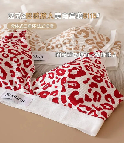Summer New Women's Leopard Print Traceless and Steel Rim Bra Adjustable Shoulder Strap Back Women's Underwear Set
