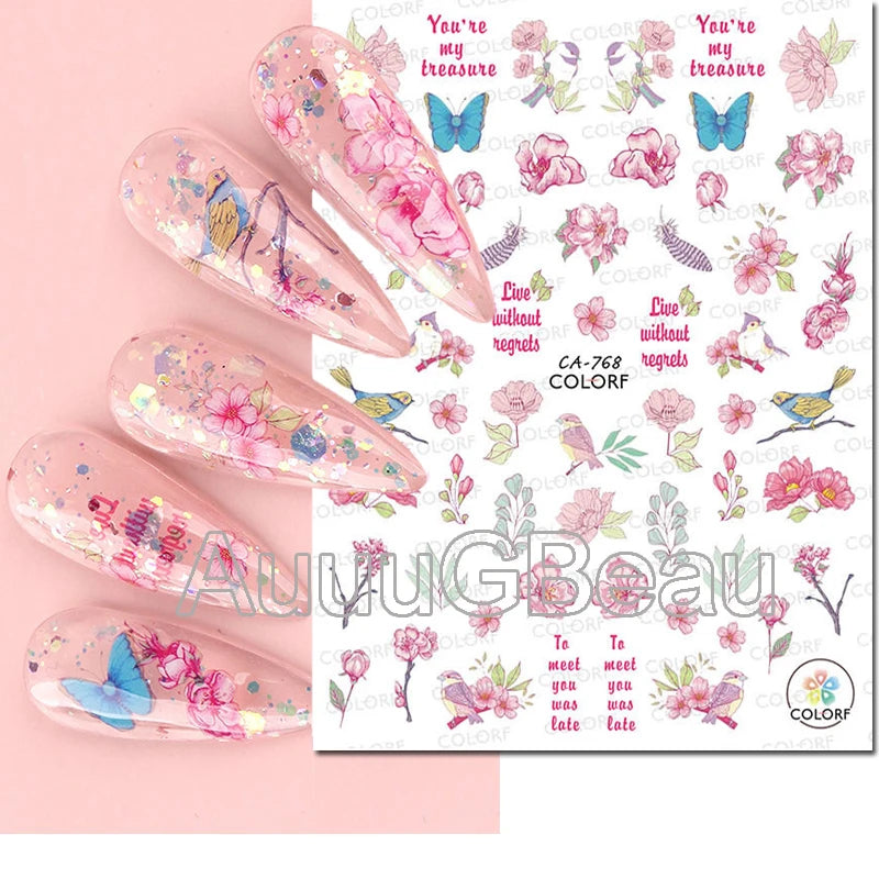 3d Nails Art Decals Spring Fruits Pink Full Tips Peony Magnolia Flowers Adhesive Sliders Stickers Decoration For Nails Manicure