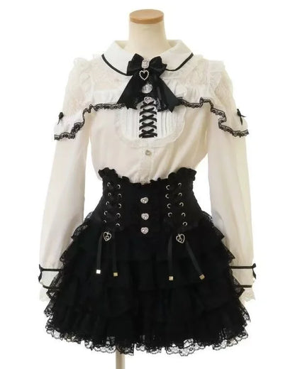 Japanese Sweet Lolita Style Mini Skirt Women Retro Elegant Lace Bandage Party Cake Skirts Female Gothic Y2k Metal Buckle Skirts