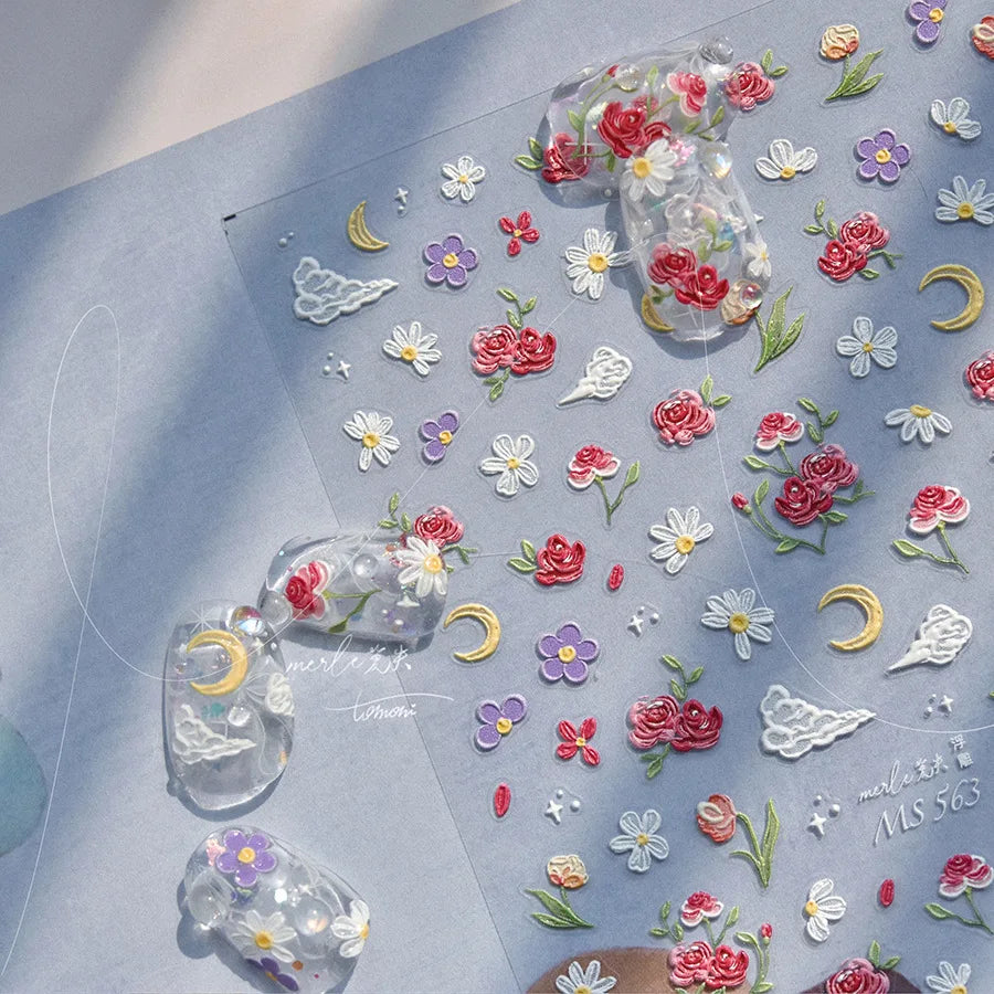 1Sheet 5D Soft Embossed Relief Nail Stickers Cute Daisies Self Adhesive Slider Stickers Press On Nails DIY Japanese Nail Art Dec