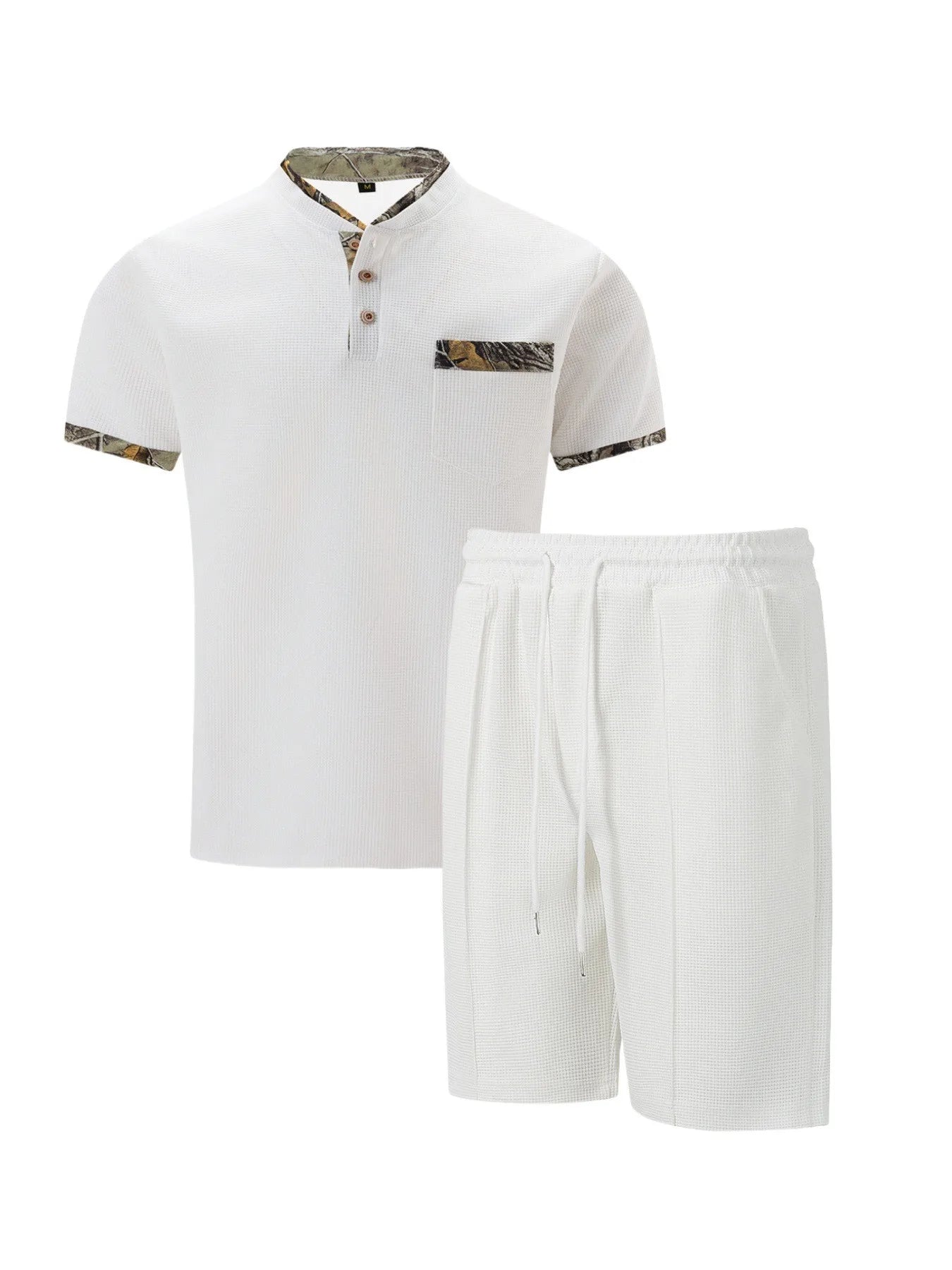 2026 Men Europe and the United States new summer Waffle solid color zip-up lapel short-sleeve suit shorts two sets