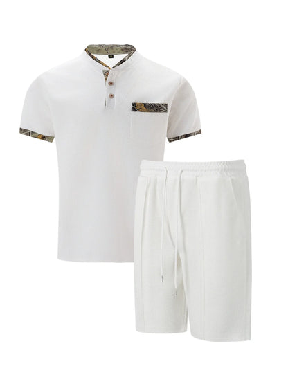 2026 Men Europe and the United States new summer Waffle solid color zip-up lapel short-sleeve suit shorts two sets