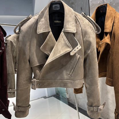 YOLOAgain Wide Shoulder Real Leather Jacket Women Oversized Genuine Leather Cropped Jacket