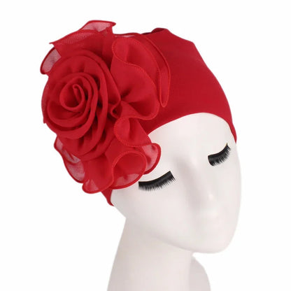Fashion Women Big Flower Turban Hat Solid Color Elastic Cloth Head Cap Muslim Head Wraps Caps Lady Bandana Hair Accessories