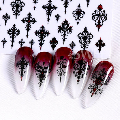 7/8pcs 3D Gothic Black Halloween Nail Stickers Cool Design Alphabet Letter Lace Castle Skull Y2K Manicure Decoration Accessories