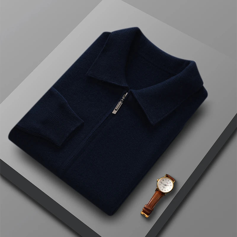 Men's 100% Merino Wool Thickened Sweater Polo Collar Business Zippered Cardigan Autumn Winter New Cashmere Jacket Knitted Top
